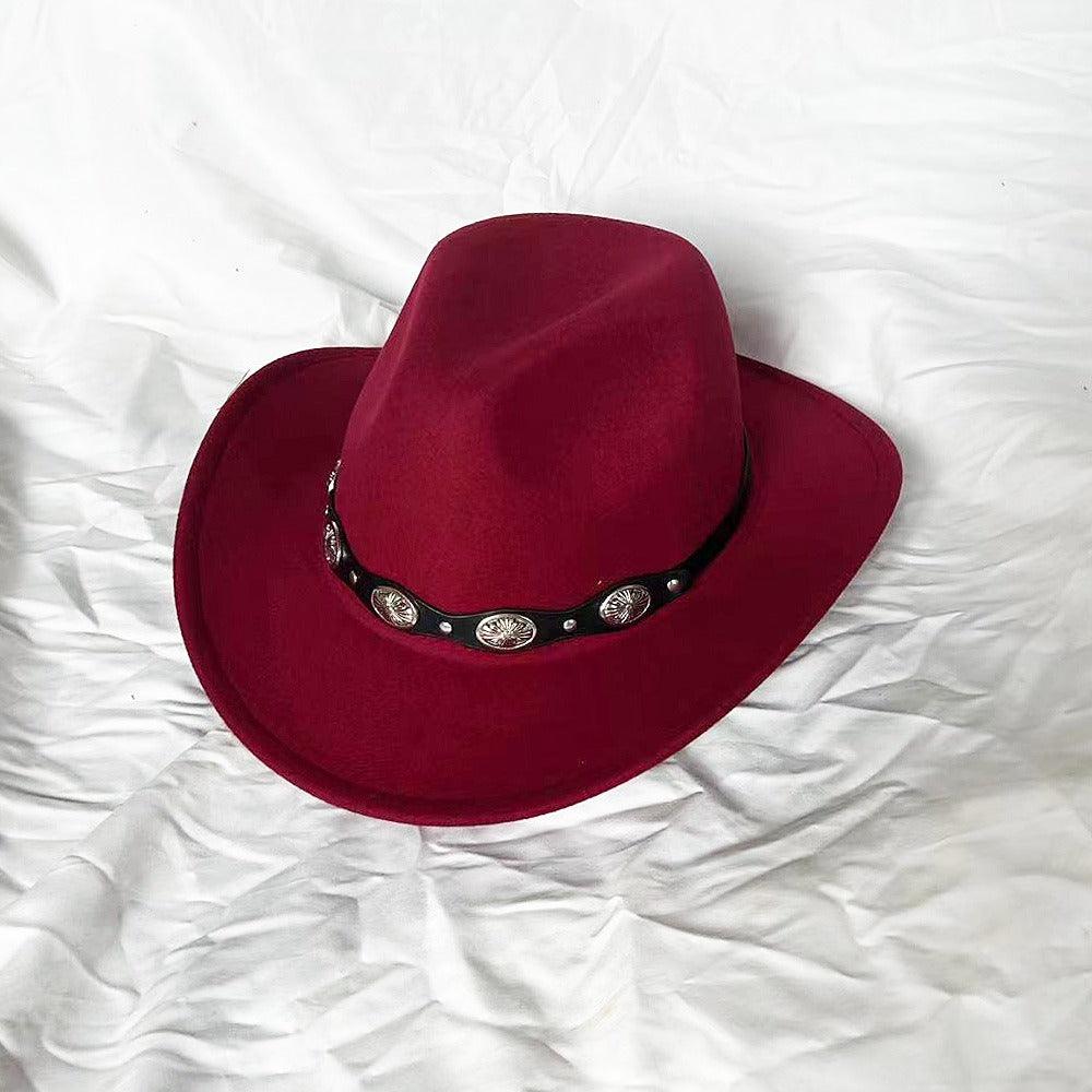 The Outlaw Western Cowboy Hat - Classic Bell Shaped Design, Durable and Stylish for All Seasons, red with decorative band.