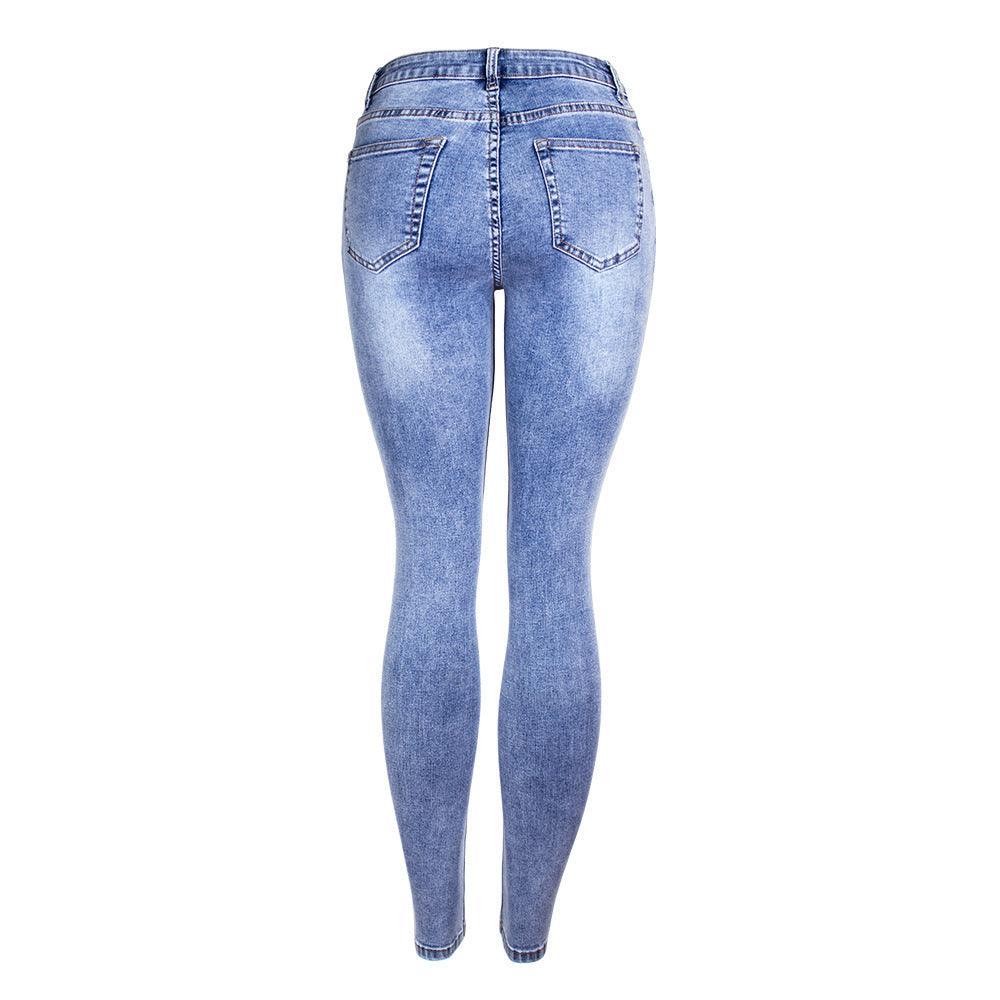 Essential Ripped Skinny Jeans – Stretch Slim Fit, Stone Wash Blue Denim, Street Style from rear view