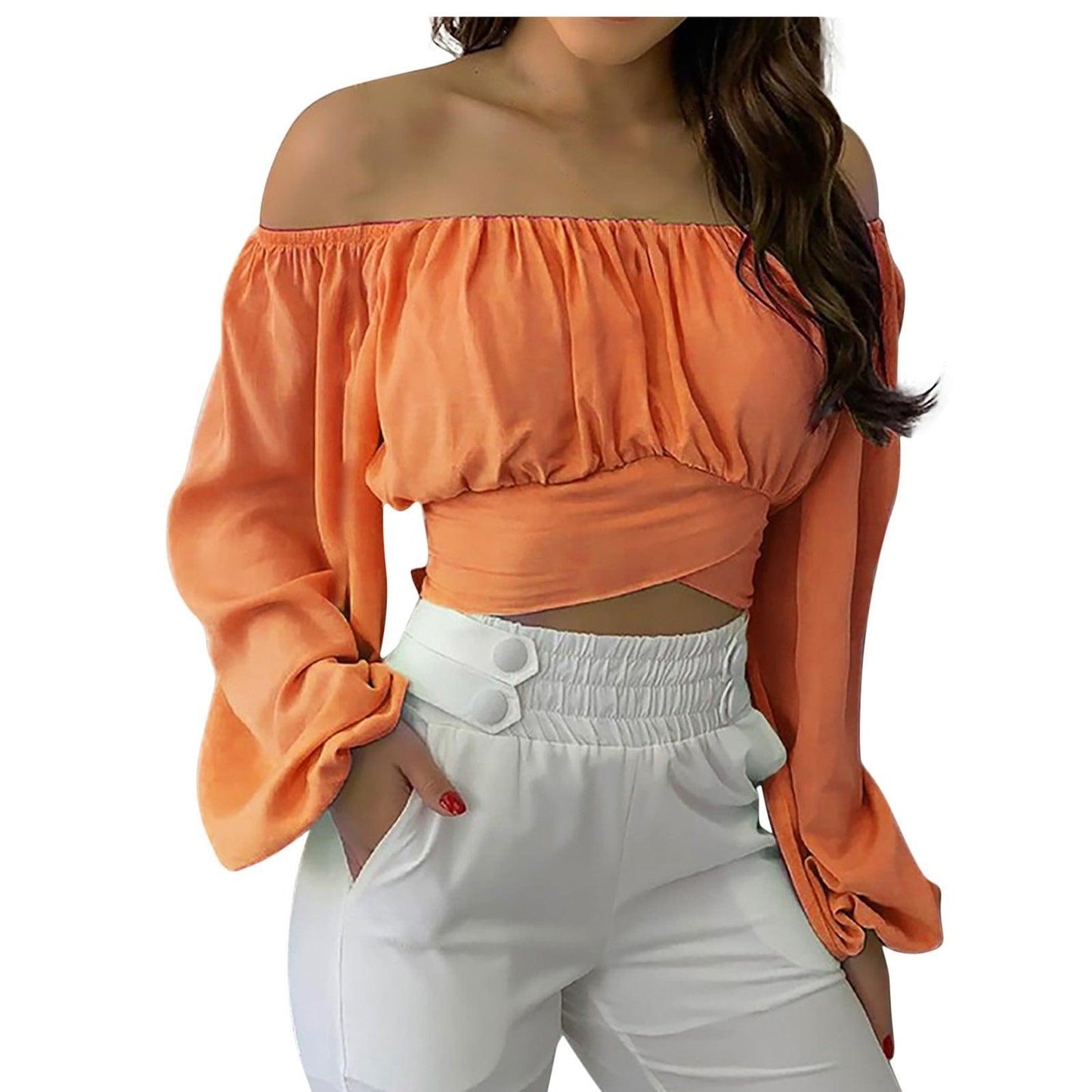 Woman wearing an Off Shoulder Cross Tie Long Sleeve Top in orange, showcasing a sexy & trendy cowgirl look with balloon sleeves.