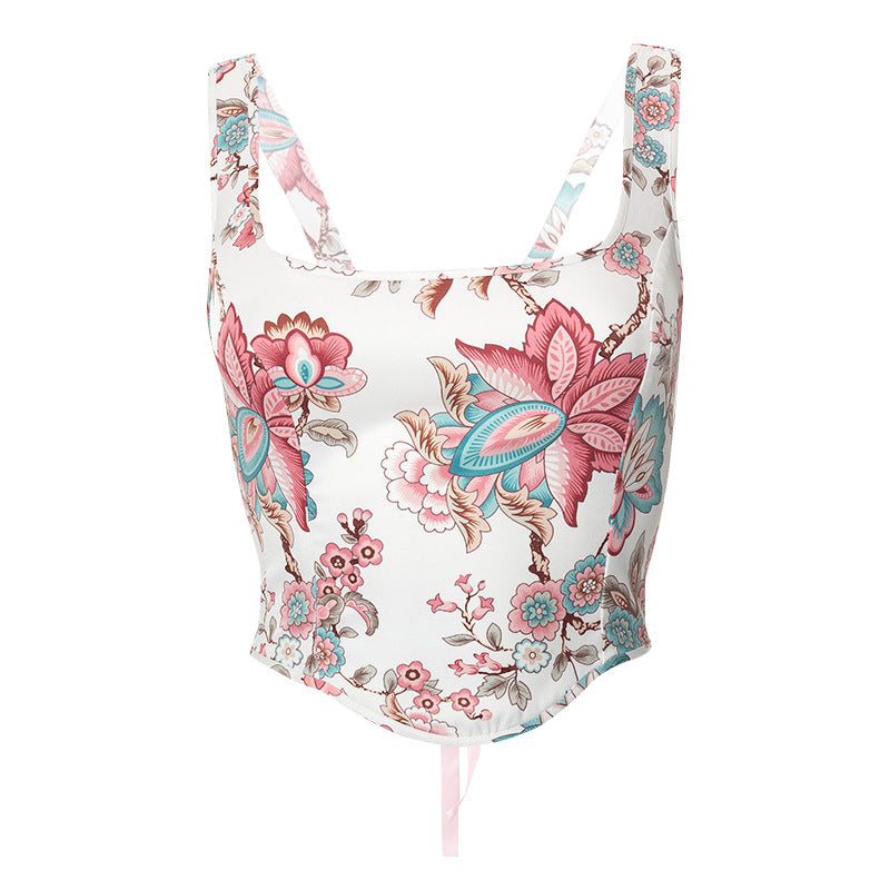 Floral Lace-Up Back Vest Top with square neckline and floral print in pinks and blues, featuring a lace-up back for adjustable fit.