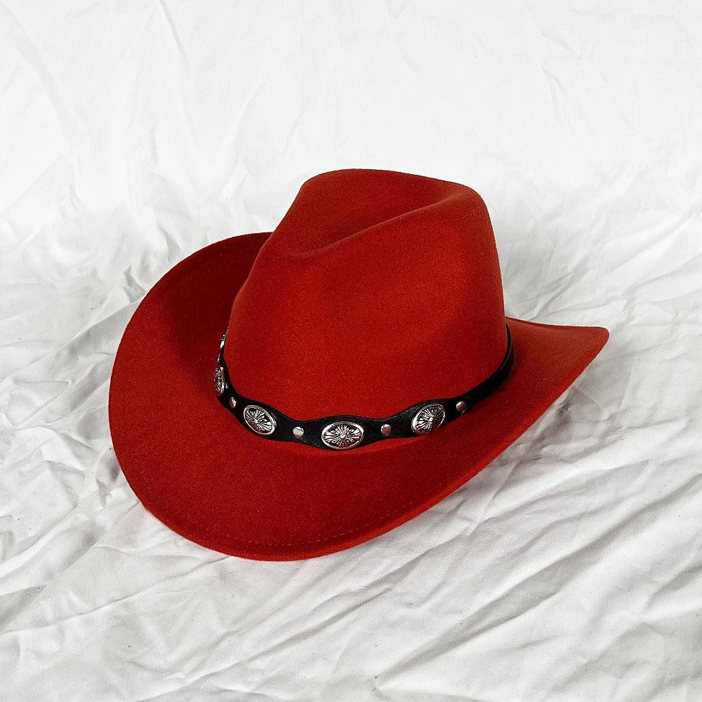 The Outlaw Western Cowboy Hat - Classic Bell Shaped Design, Durable and Stylish for All Seasons in vibrant red with concho detail
