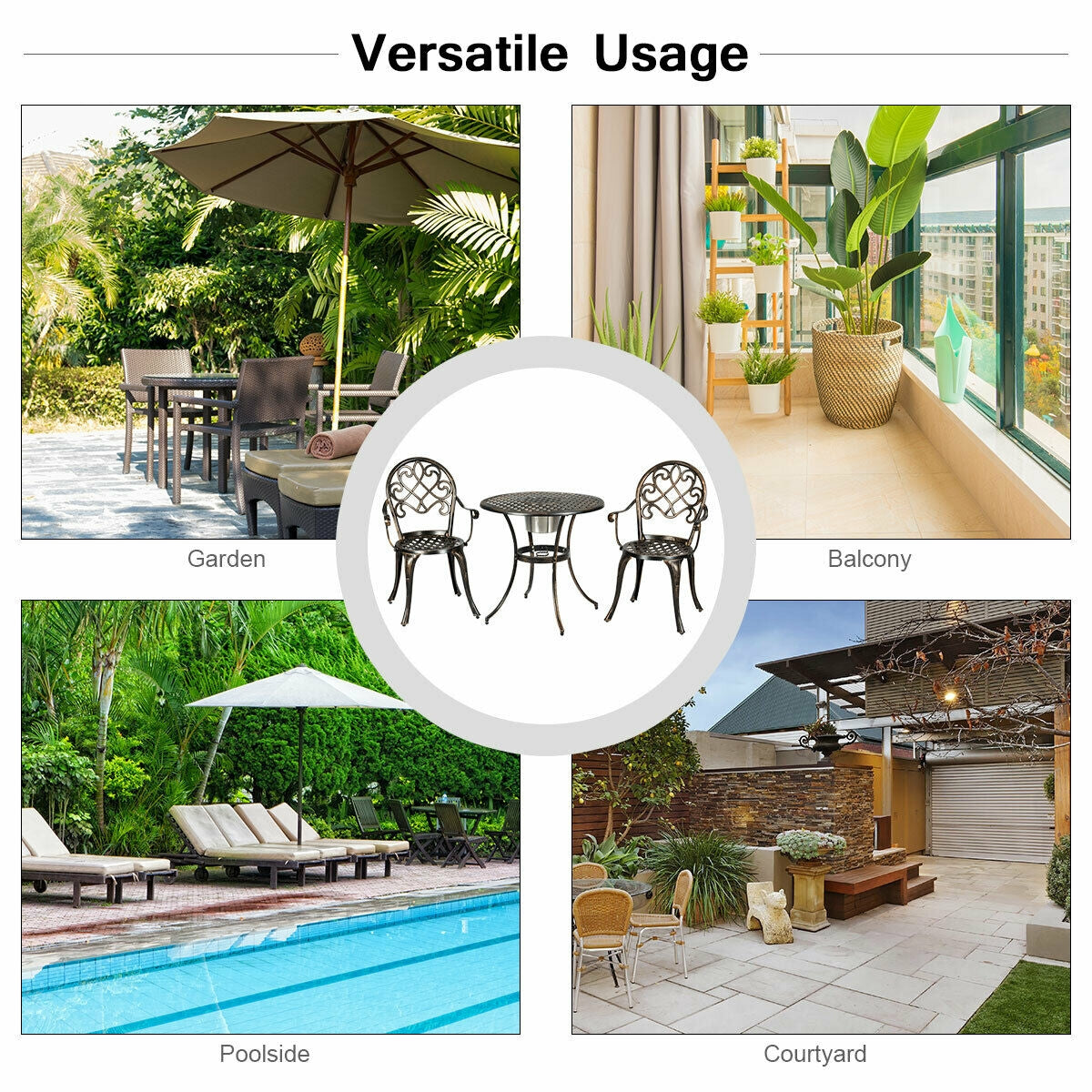 Illustration of 3 Pieces Outdoor Set Patio Bistro with Attached Removable Ice Bucket for garden, balcony, poolside, and courtyard use.