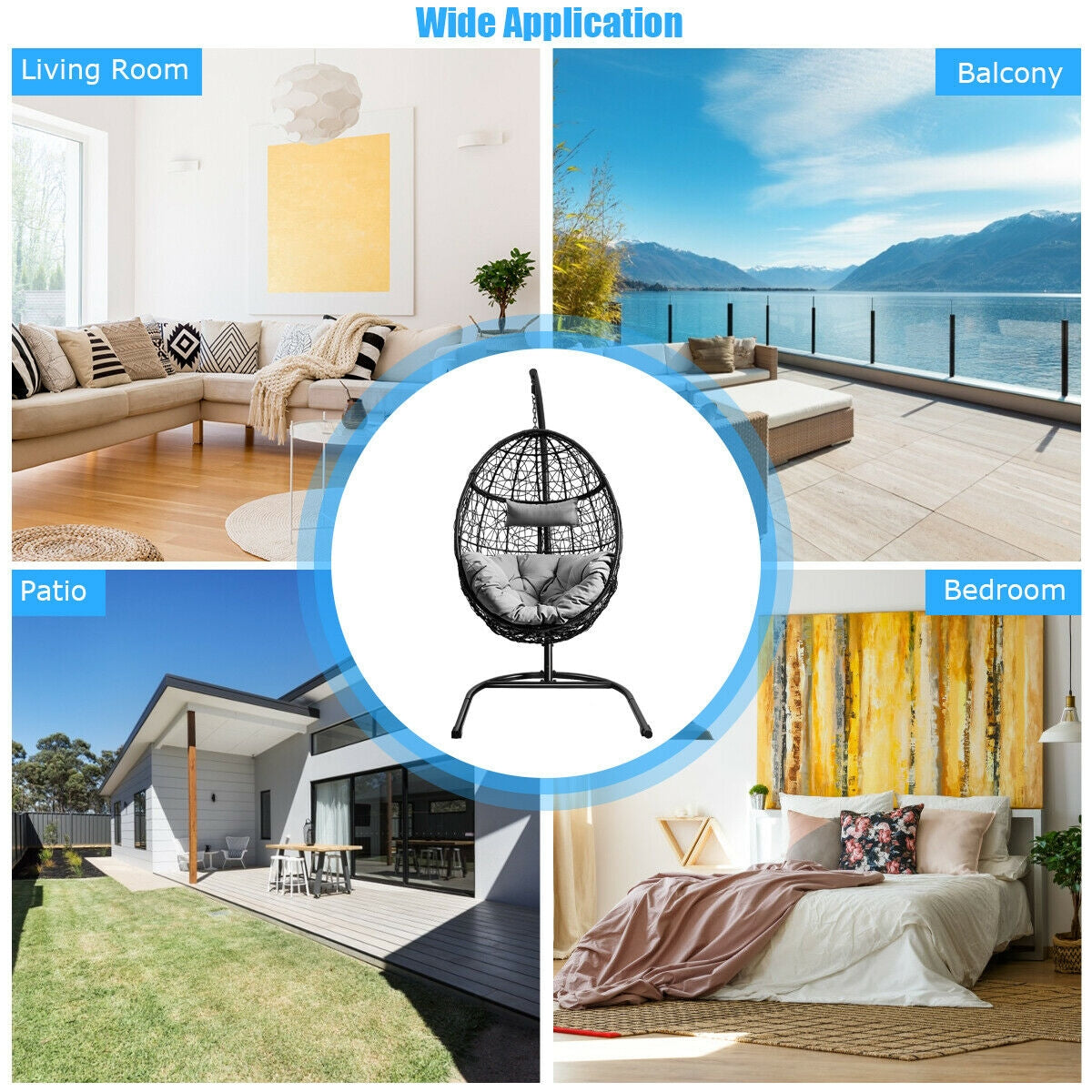Collage showing Hanging Cushioned Hammock Chair with Stand -Gray use in living room, balcony, patio, and bedroom