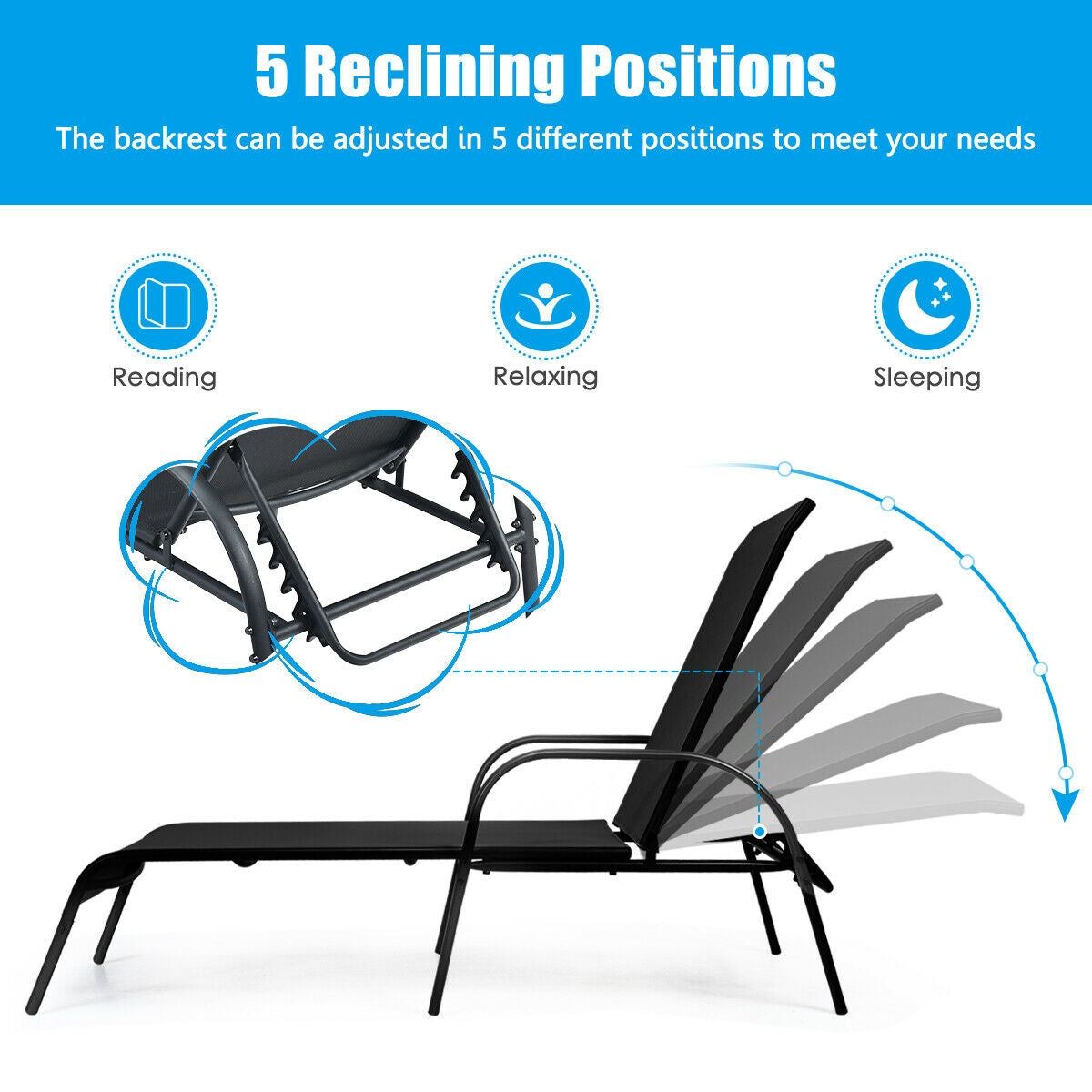 Image of Adjustable Patio Chaise Folding Lounge Chair with Backrest-Black demonstrating 5 reclining positions for versatile comfort