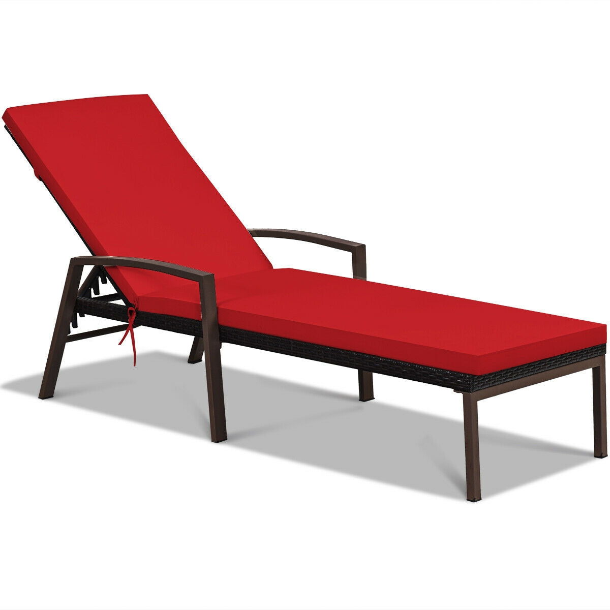 Patio Rattan Lounge Chaise Recliner with Back Adjustable Cushioned-Red, sturdy steel frame, weather-resistant rattan, modern design