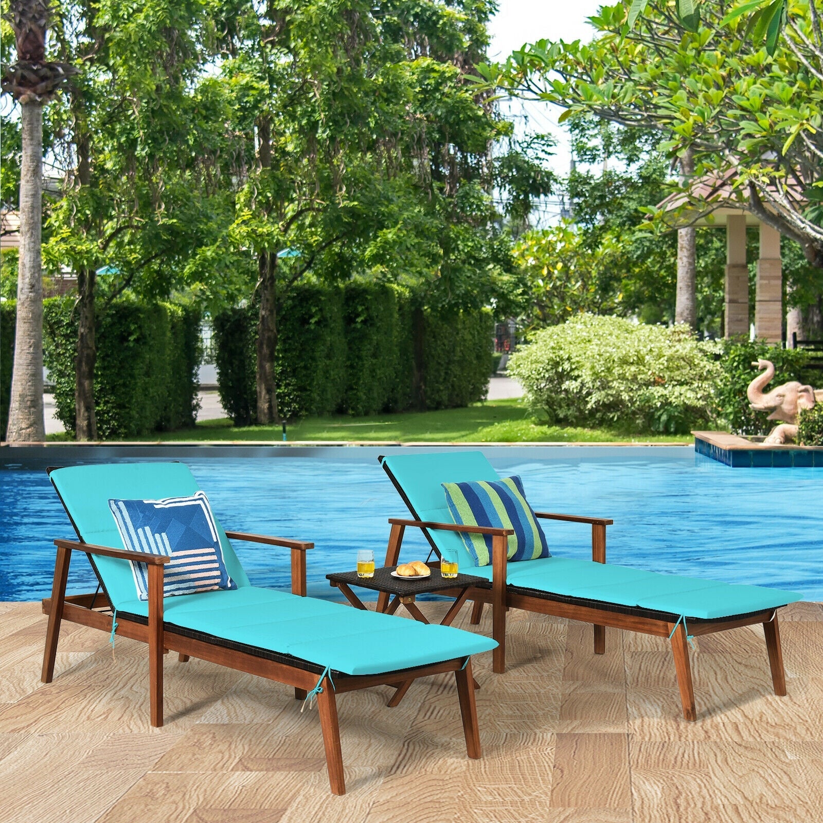 3 Pieces Portable Patio Cushioned Rattan Lounge Chair Set with Folding Table-Turquoise by a pool