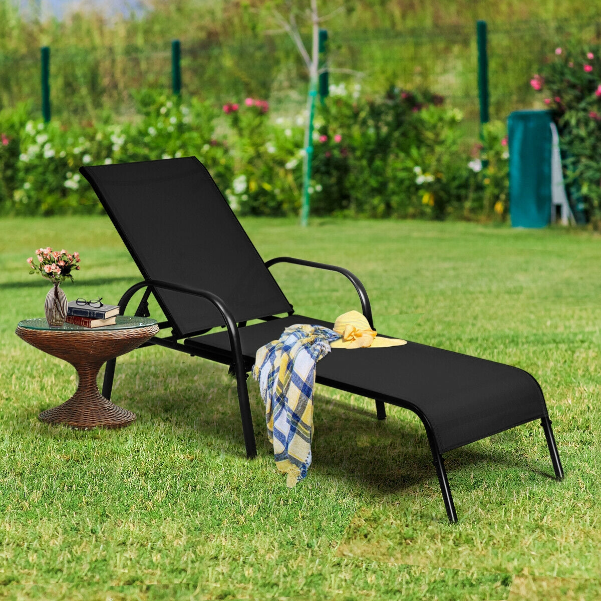 2 Pcs Outdoor Patio Lounge Chair Chaise Fabric with Adjustable Reclining Armrest on a grassy backyard