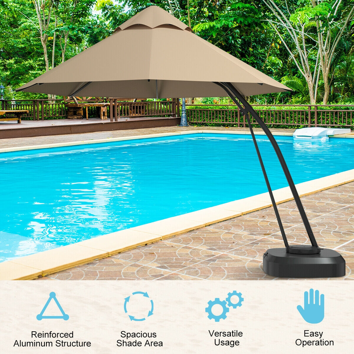 11 Feet Outdoor Cantilever Hanging Umbrella with Base and Wheels-Beige by a poolside
