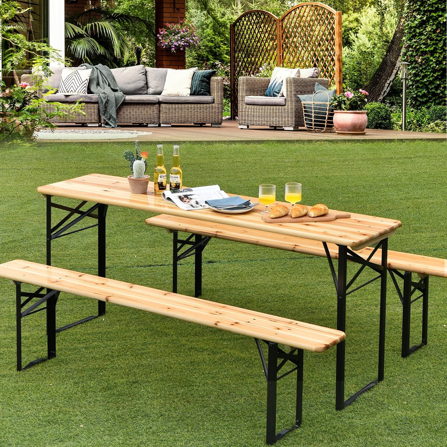 3 Pieces Folding Wooden Picnic Table Bench Set on grass with wine and bread, showcasing rustic design and durability outdoors.