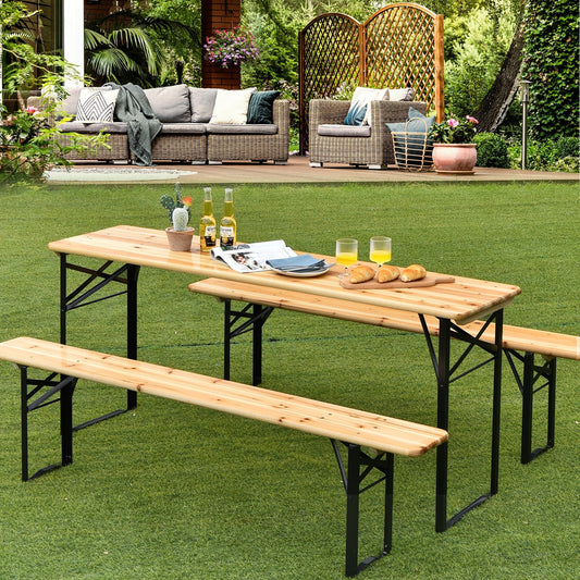 3 Pieces Folding Wooden Picnic Table Bench Set on grass with wine and bread, showcasing rustic design and durability outdoors.