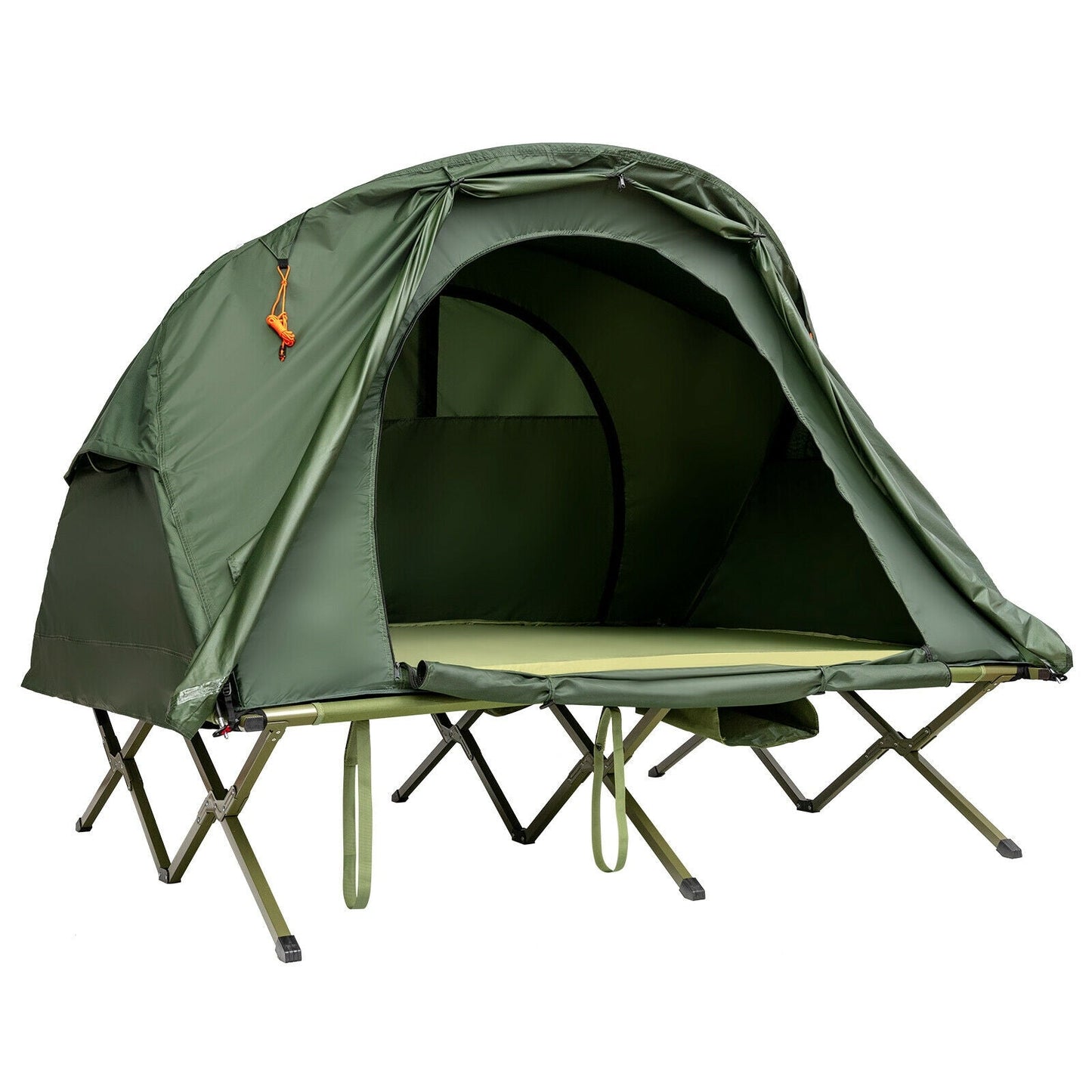 2-Person Outdoor Camping Tent with External Cover-Green on cot with waterproof design and automatic inflation for comfort.