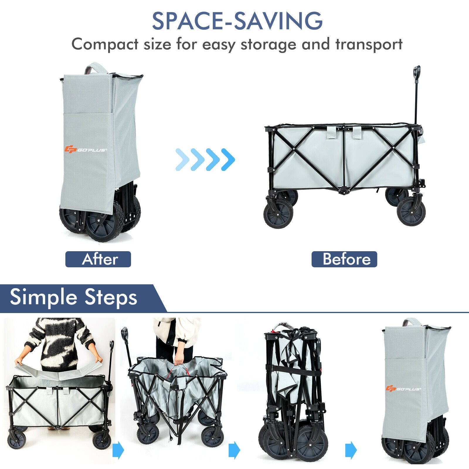 Outdoor Folding Wagon Cart with Adjustable Handle and Universal Wheels-Gray showcasing folding mechanism and compact storage.