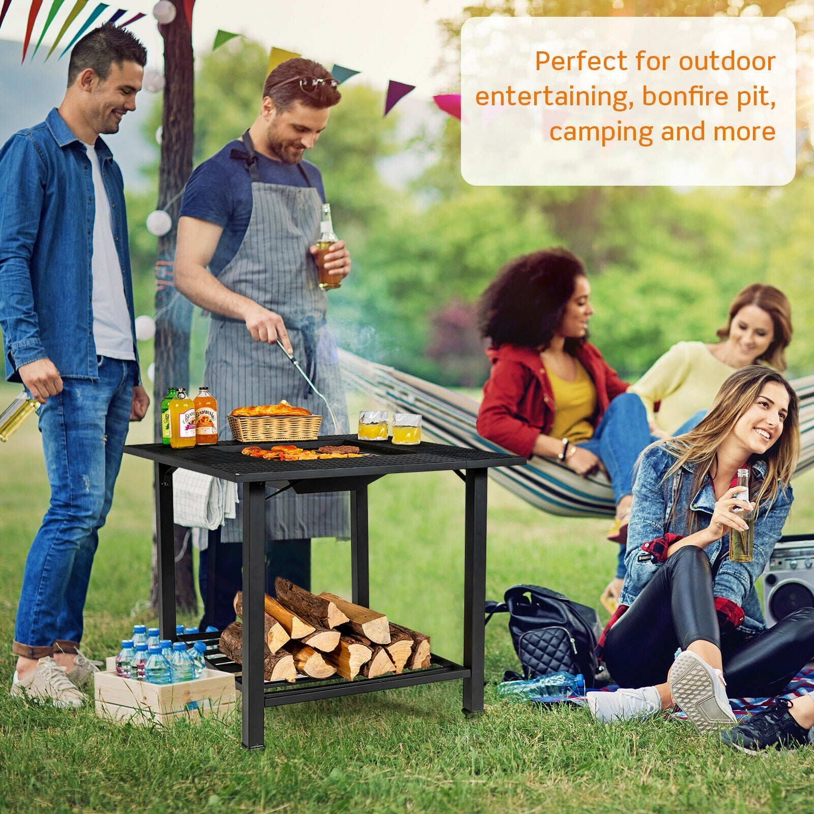 31 Inch Outdoor Fire Pit Dining Table with Cooking BBQ Grate used for outdoor entertaining with people enjoying food and drinks.
