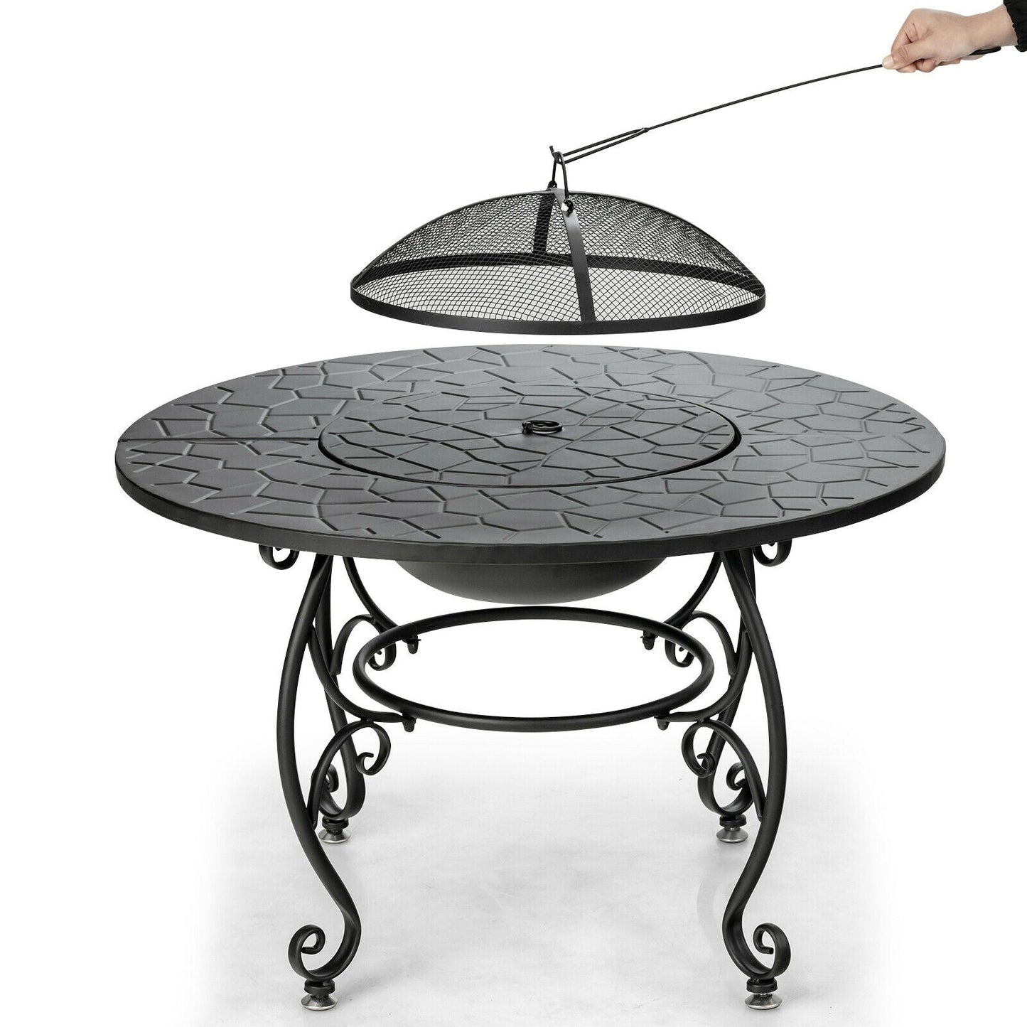 35.5 Feet Patio Fire Pit Dining Table With Cooking BBQ Grate featuring a durable steel frame and removable mesh lid.