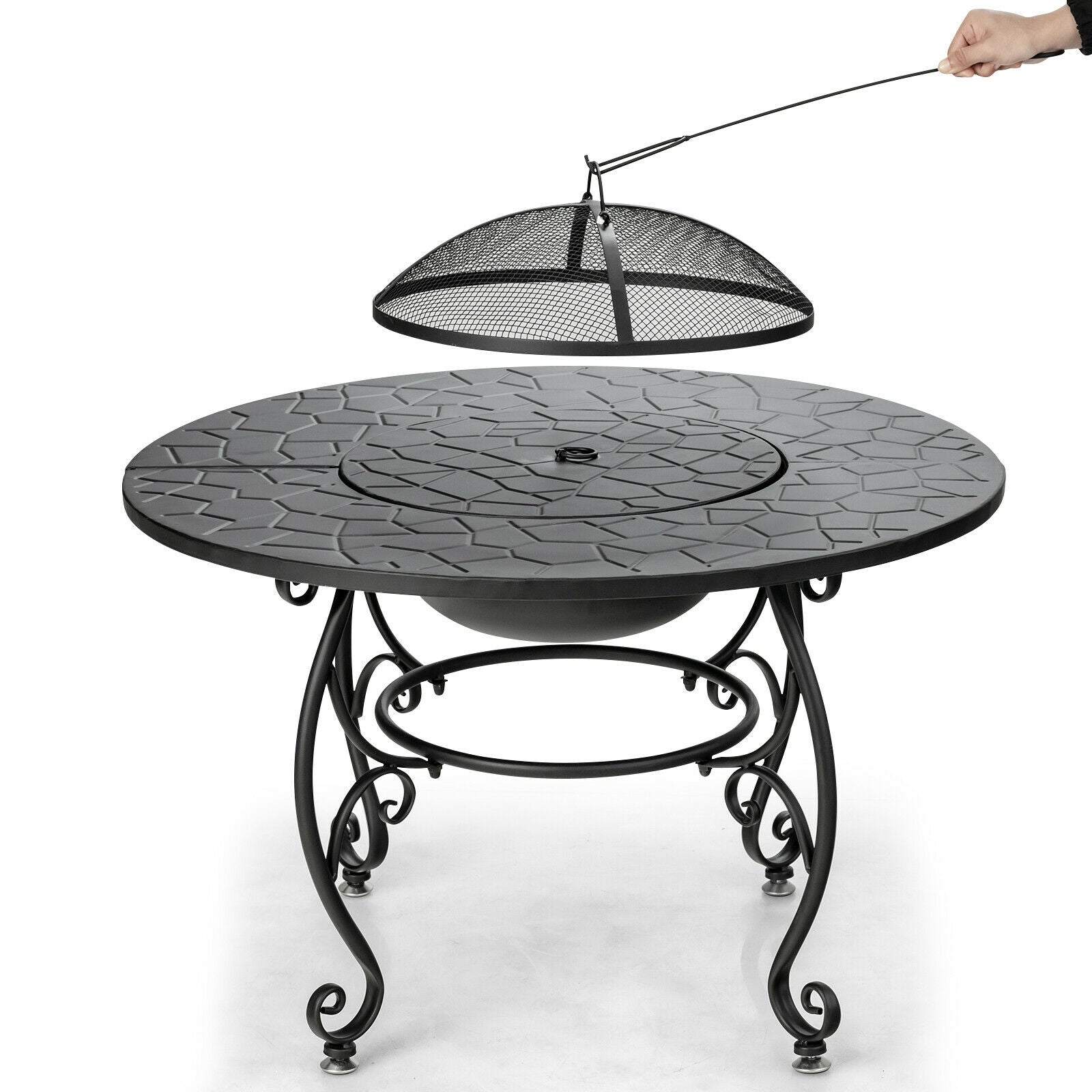 35.5 Feet Patio Fire Pit Dining Table With Cooking BBQ Grate featuring a durable steel frame and removable mesh lid.