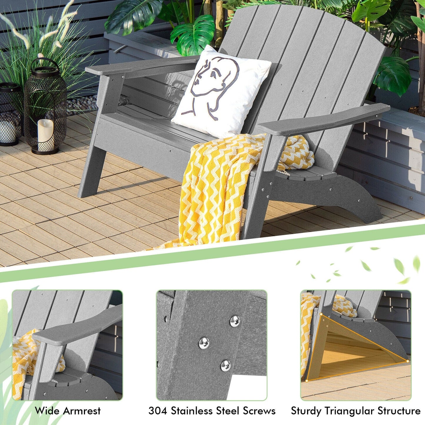 Gray HDPE Patio Adirondack Chair for Porch Garden Backyard with wide armrests, 304 stainless steel screws, and sturdy triangular structure.