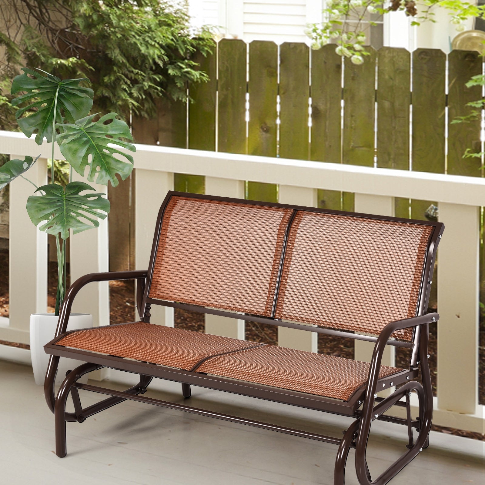 Swing Glider Chair 48 Inch Loveseat Rocker Lounge Backyard-Brown on a patio
