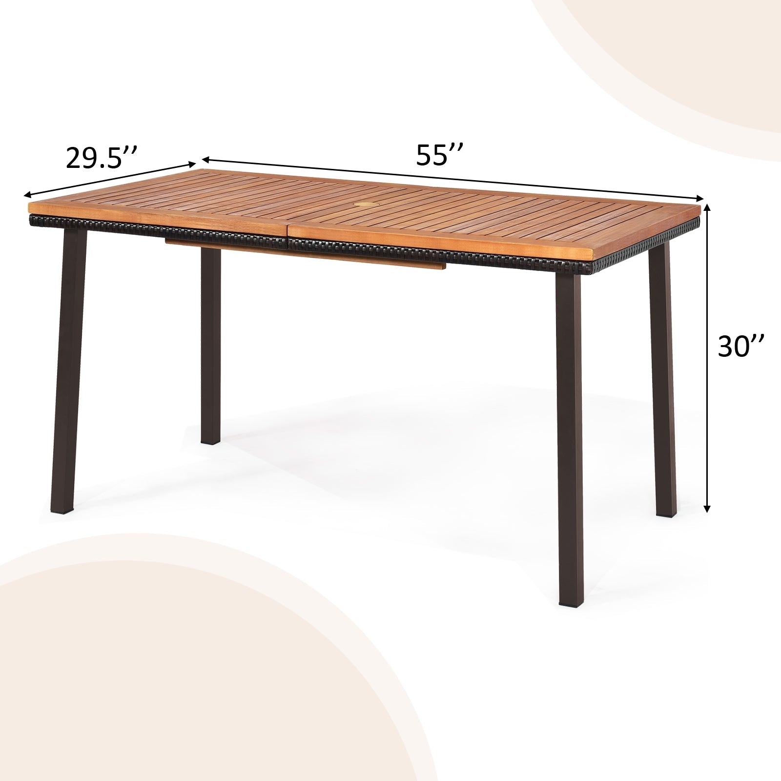 55 Inch Patio Acacia Dining Table with Umbrella Hole featuring slatted surface and sturdy metal legs, perfect for outdoor use.