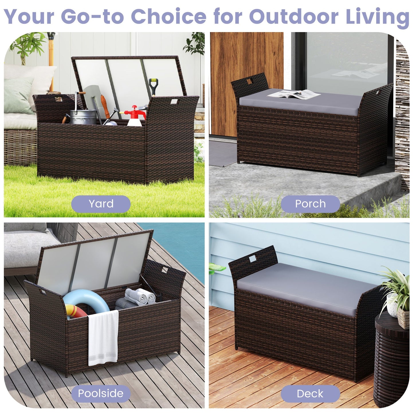 Outdoor Bench with Hand-woven PE Rattan Wicker and Side Handles-Gray shown in yard, porch, poolside, and deck settings