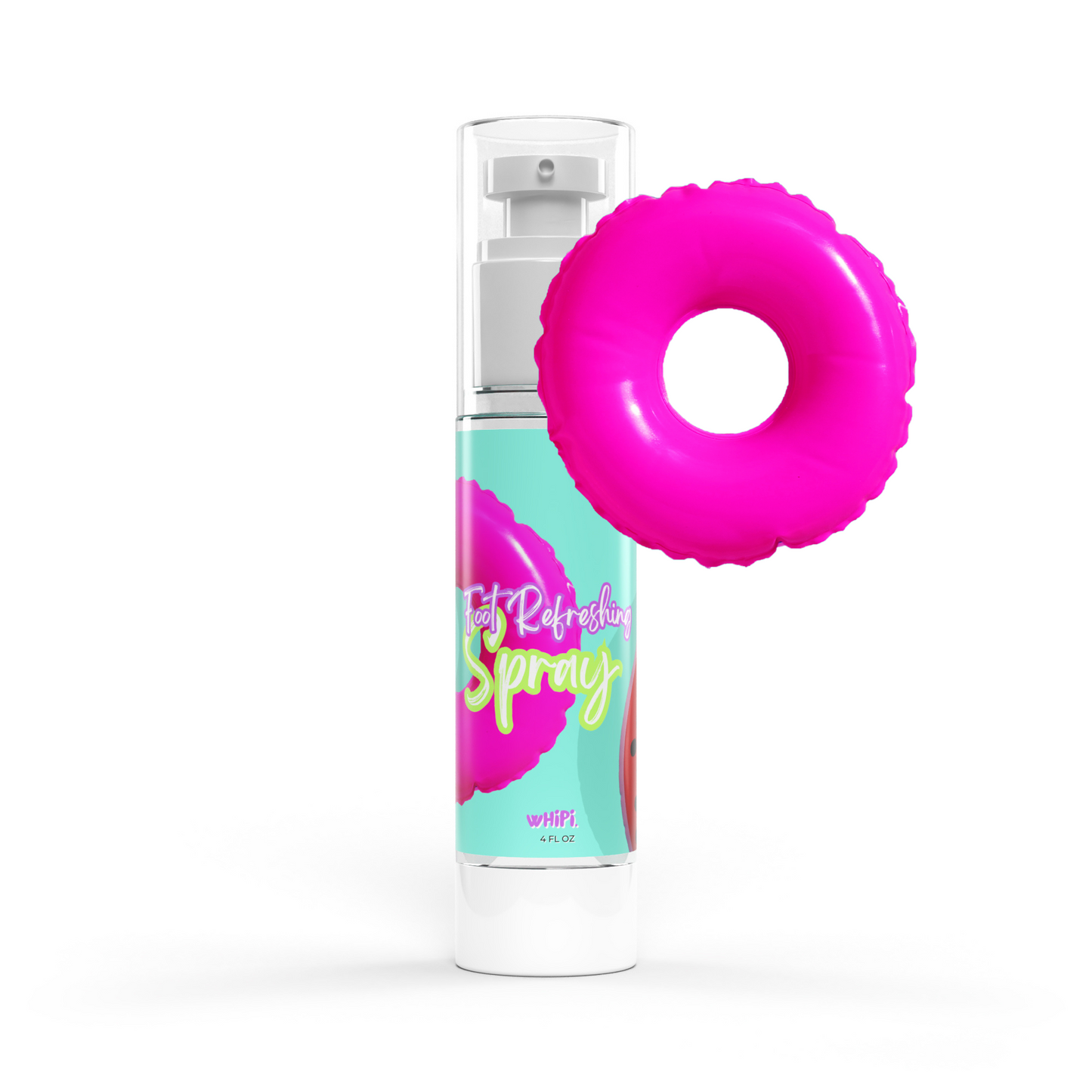 Summer Perfect Pedi Foot Spray bottle with pink inflatable ring, designed to refresh and deodorize feet with botanical mist.