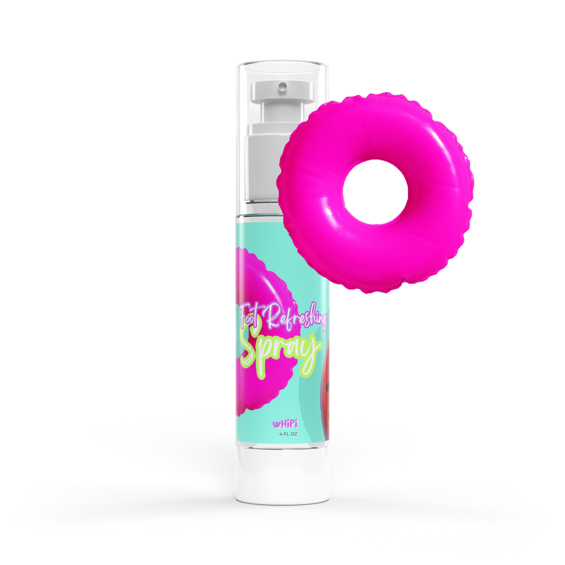Summer Perfect Pedi Foot Spray bottle with pink inflatable ring, designed to refresh and deodorize feet with botanical mist.