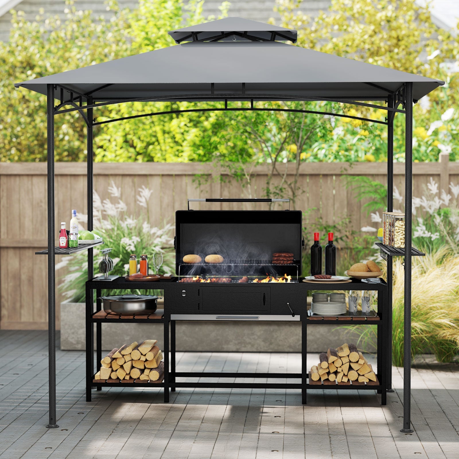 8 x 5 Feet Grill Gazebo with 2 Shelves 6 Hooks and Metal Frame-Gray featuring barbecue setup in a backyard