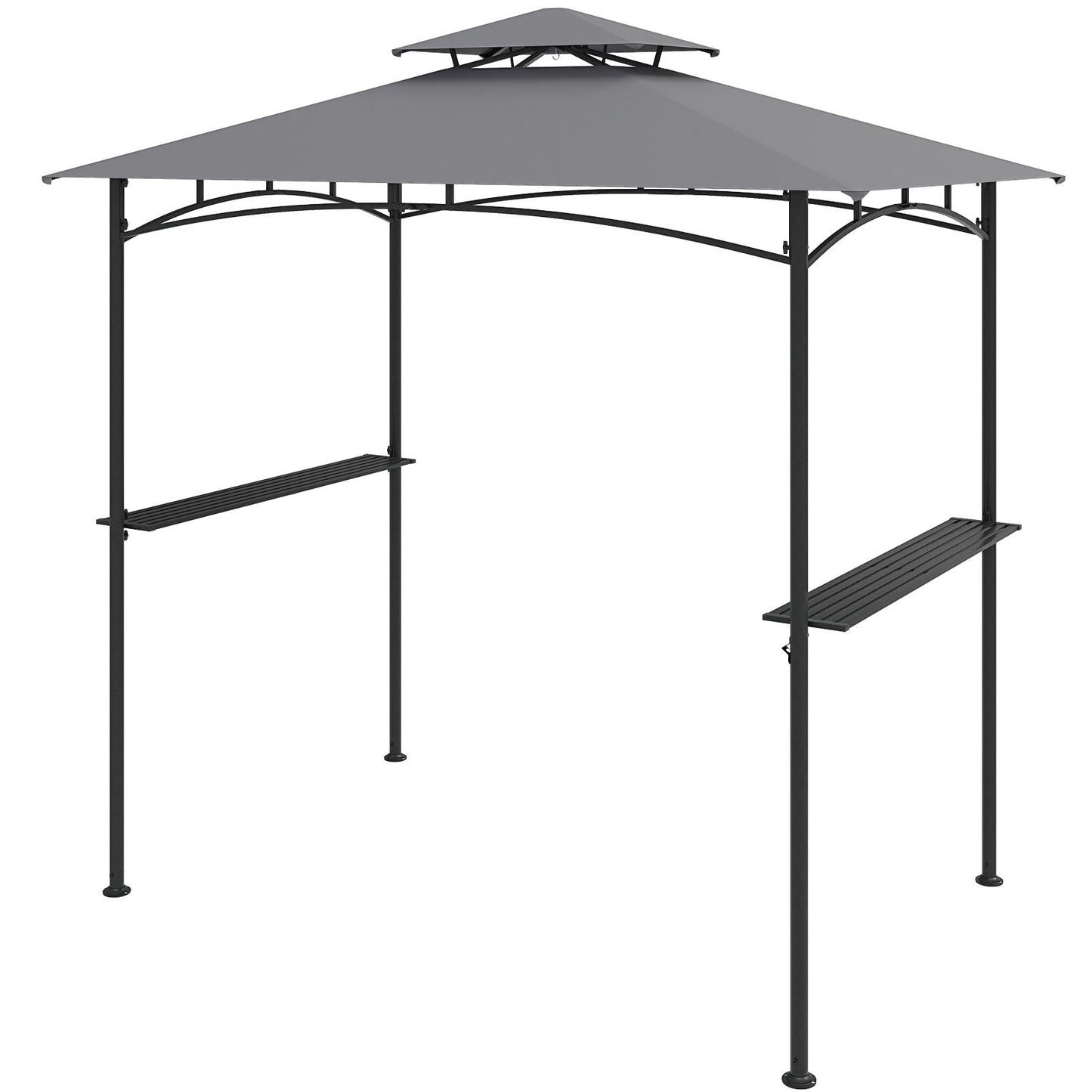 8 x 5 Feet Grill Gazebo with 2 Shelves 6 Hooks and Metal Frame-Gray under gray canopy with stable metal frame and double-tiered roof.