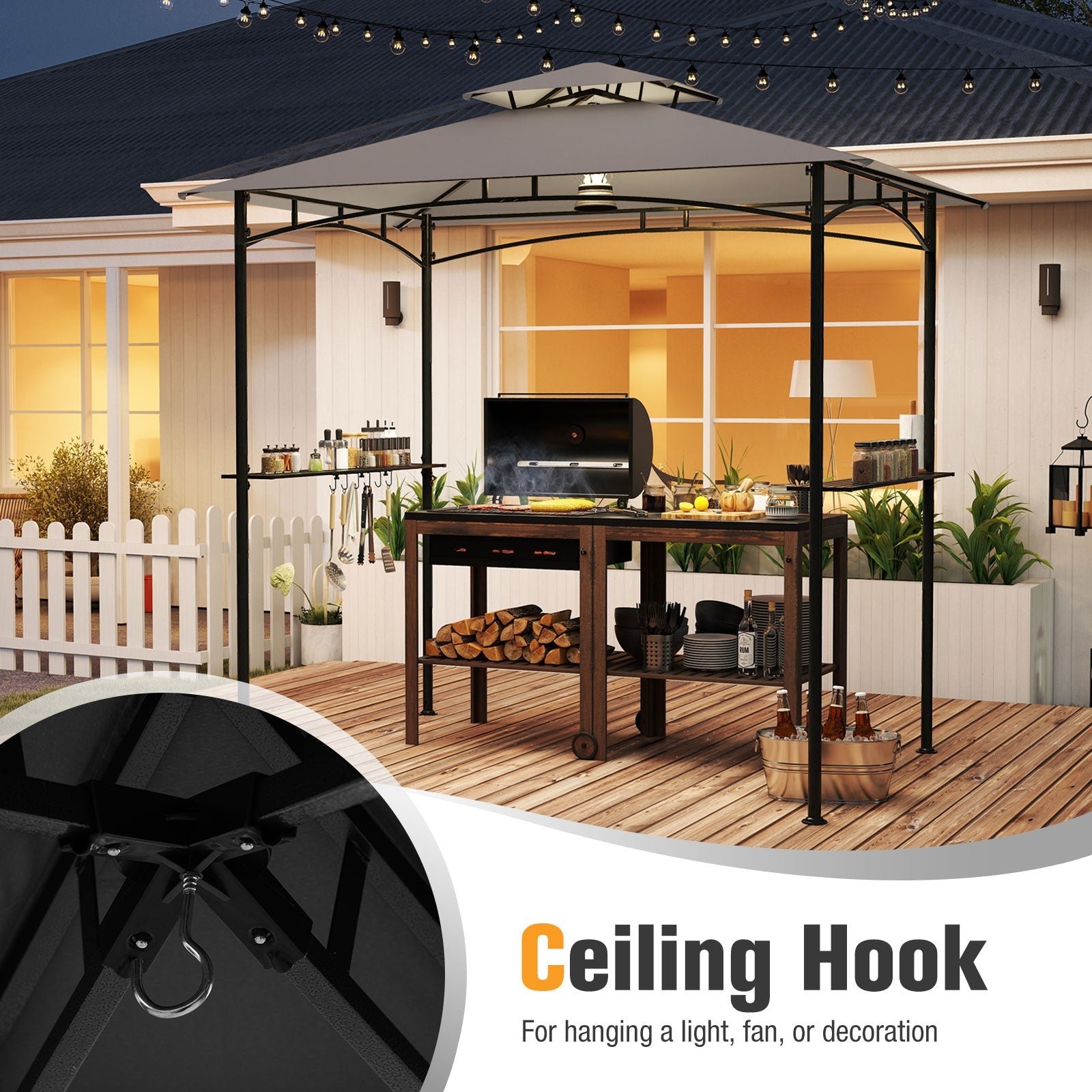 8 x 5 Feet Grill Gazebo with 2 Shelves 6 Hooks and Metal Frame-Gray set up in backyard with ceiling hook detail view