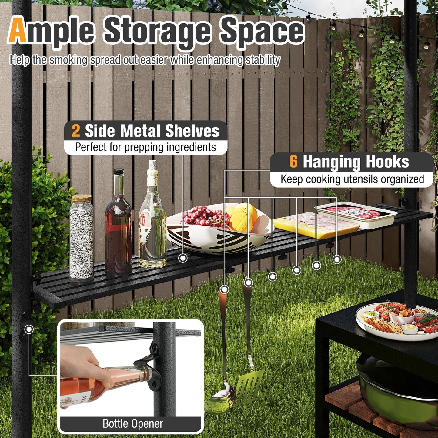 8 x 5 Feet Grill Gazebo with 2 Shelves 6 Hooks and Metal Frame-Gray showing ample storage with shelves and hooks for organization