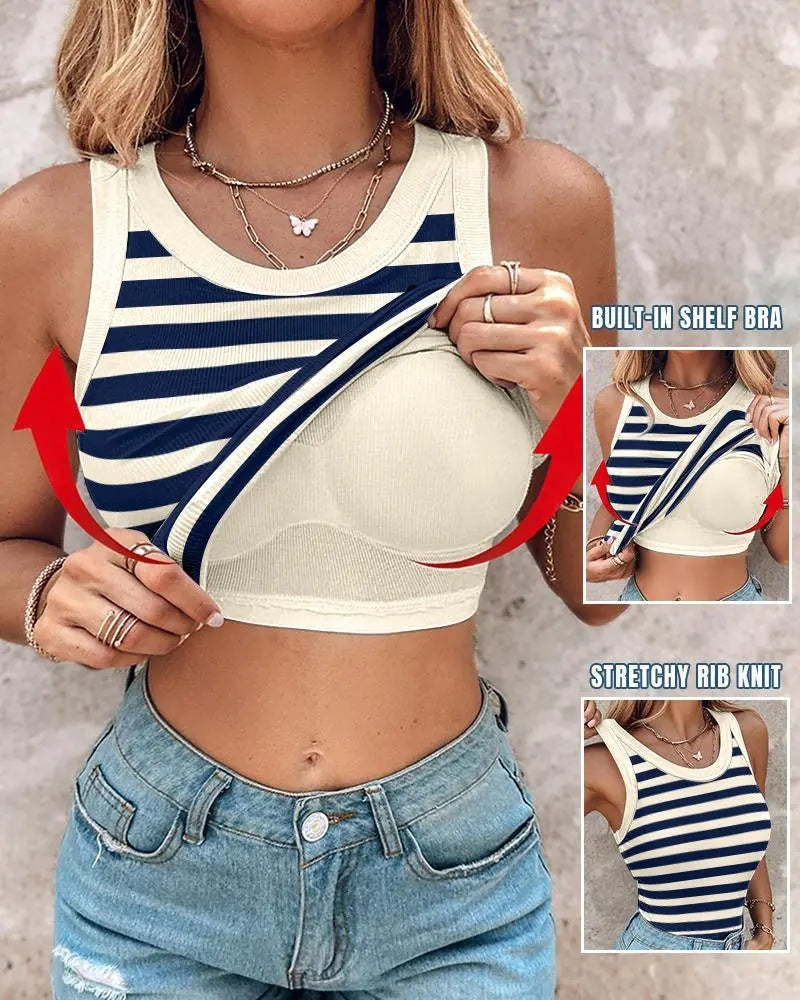 Women's Slim Striped Vest with Bralette – Chic Sleeveless Tank Top showcasing built-in shelf bra and stretchy rib knit design.