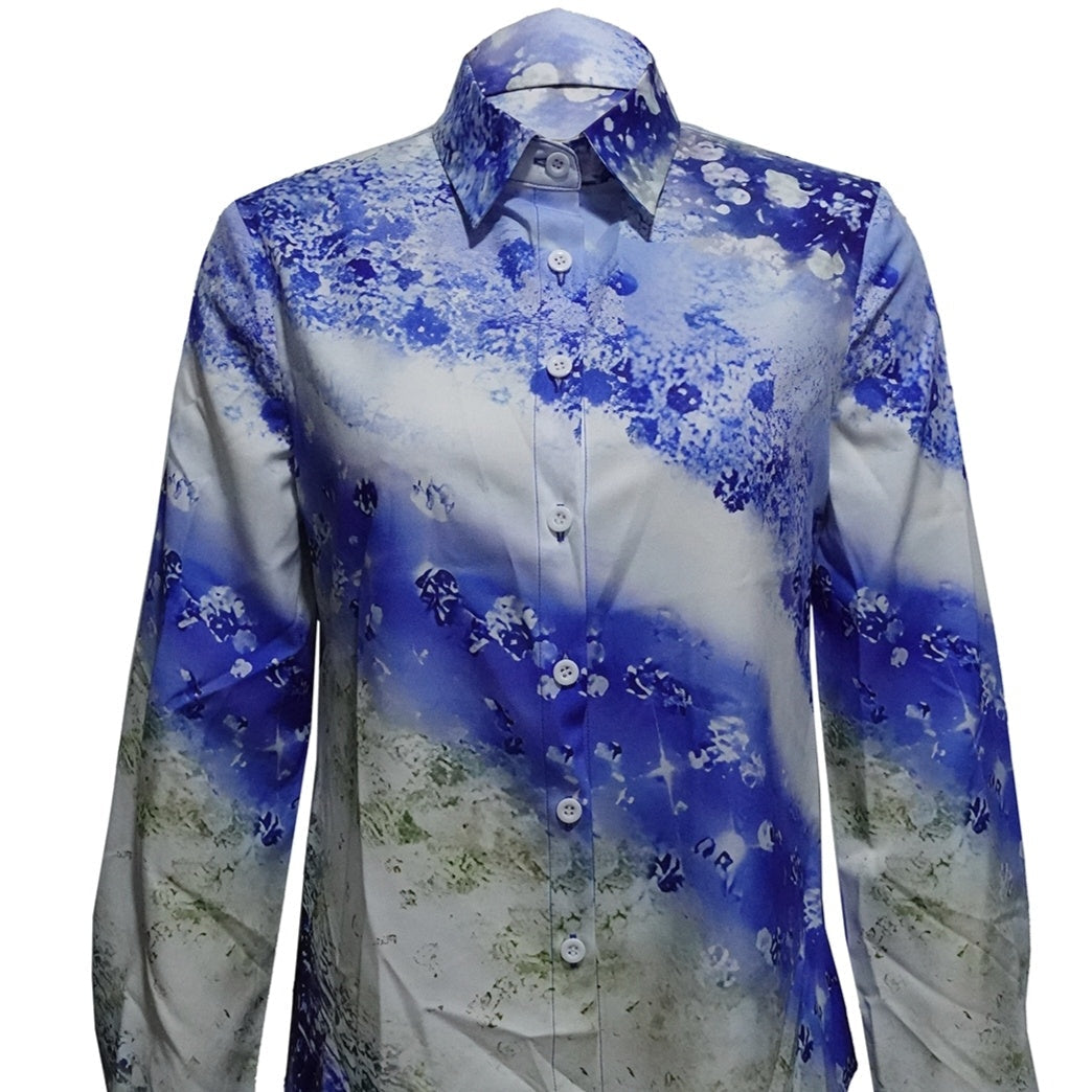 Ladies' Fashionable New Printed Cardigan Shirt Top with blue floral design, long sleeves, lightweight, polyester, perfect for spring and summer.
