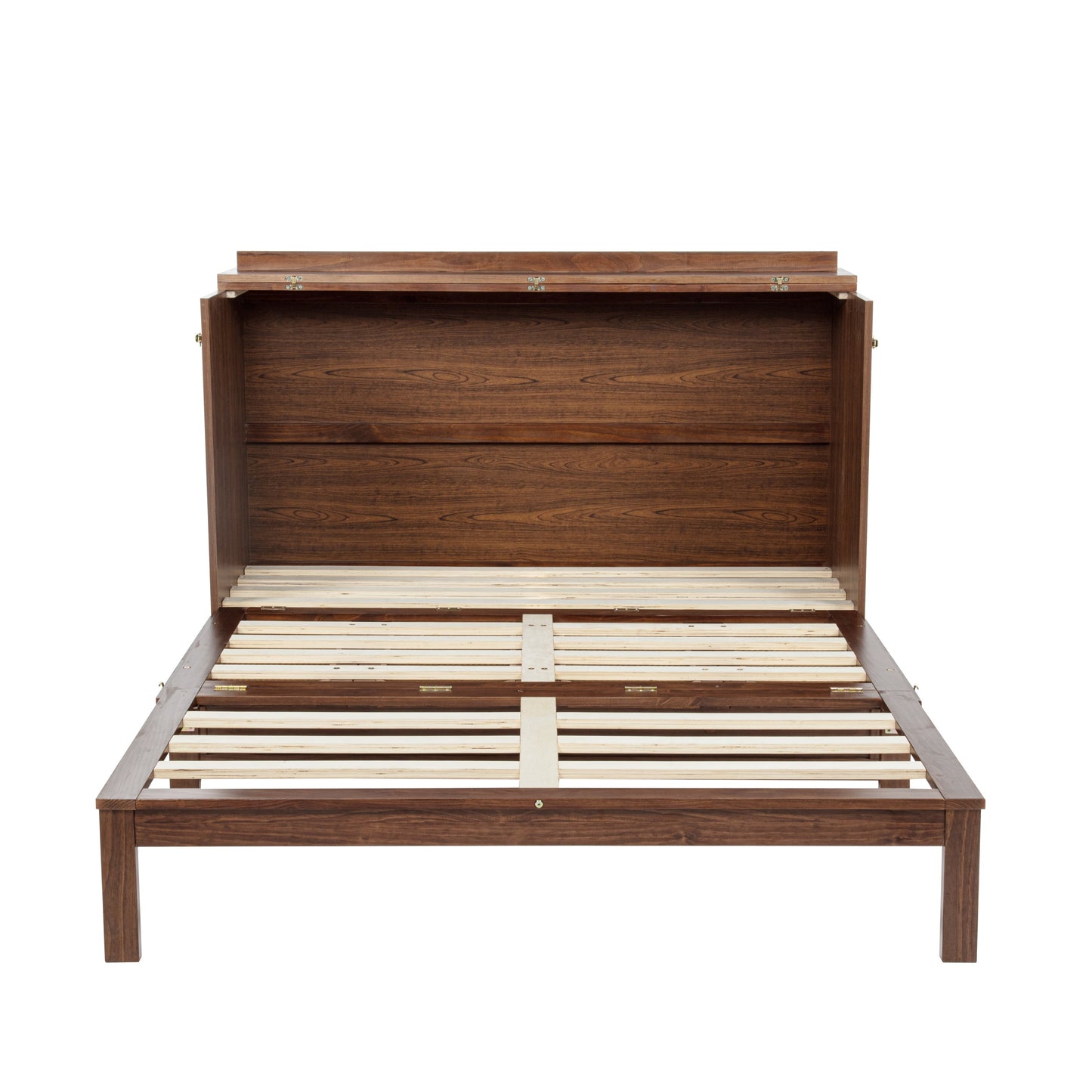 Queen Size Murphy Bed, Pine Wood Cabinet Bed with Power Station and Rattan Decoration Panel,Walnut