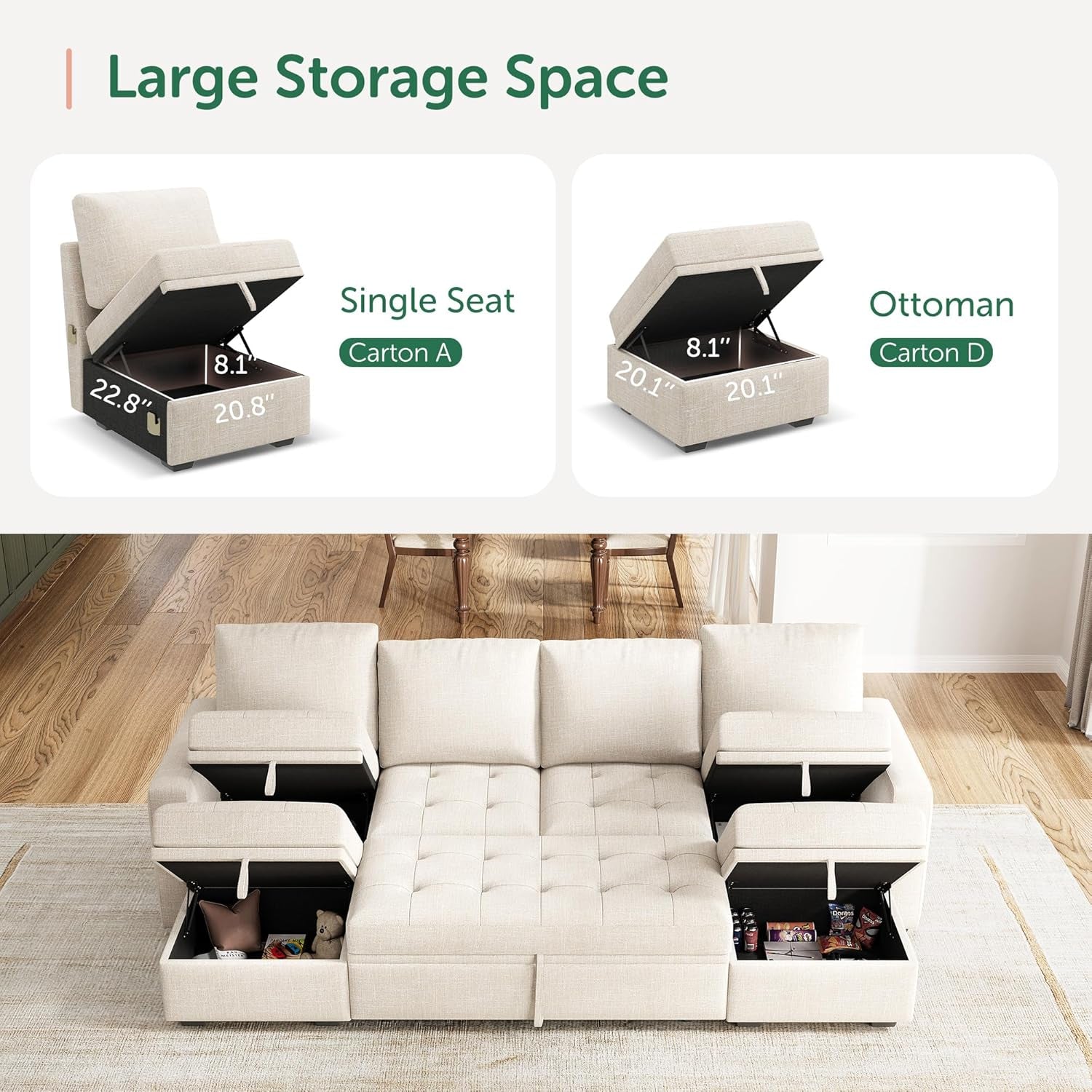 Beige Modular Sleeper Sectional Couch With Storage featuring large storage compartments shown with single seat and ottoman.