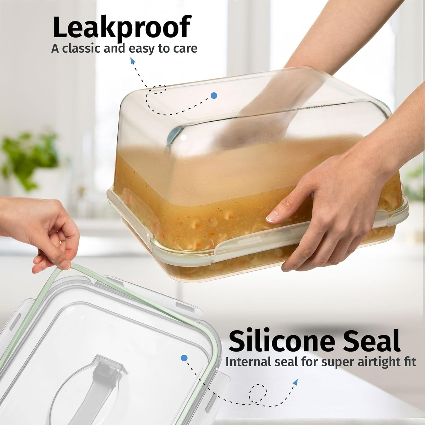 6500 ML / 220 Oz / 28 Cup LARGE Glass Food Storage Container with Airtight Locking Lid being held, showcasing silicone seal and leak-proof design.