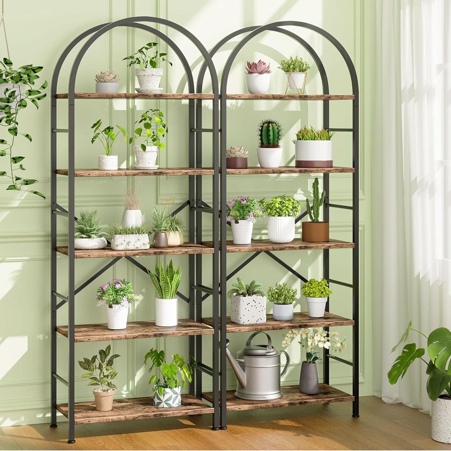 Arched Five Tier Bookshelf Rustic Brown Storage Unit