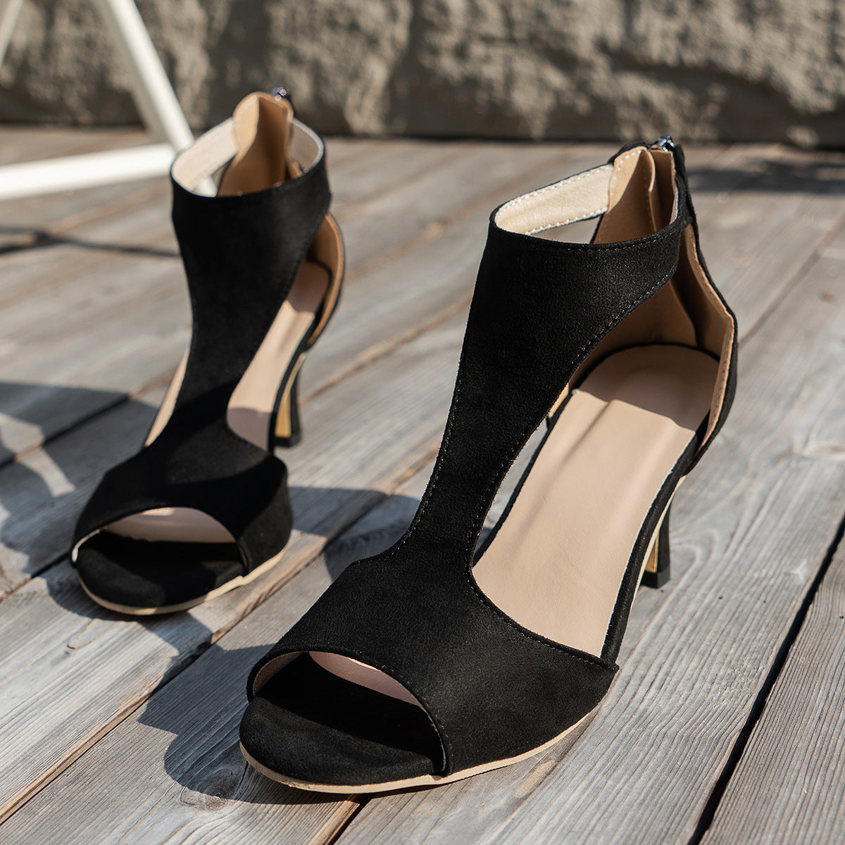 Women’s Peep Toe Zipper Heel Shoes | Suede High Heel Sandals