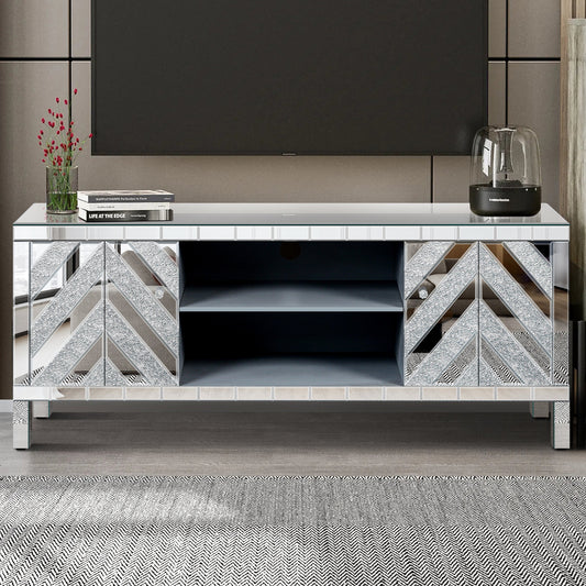 47 Inch Mirror TV Media Console with Diamond Glass Doors, Dual Door Design with Open Storage Space, Compatible with 50-Inch TVs, Modern Decor for Living Room & Bedroom