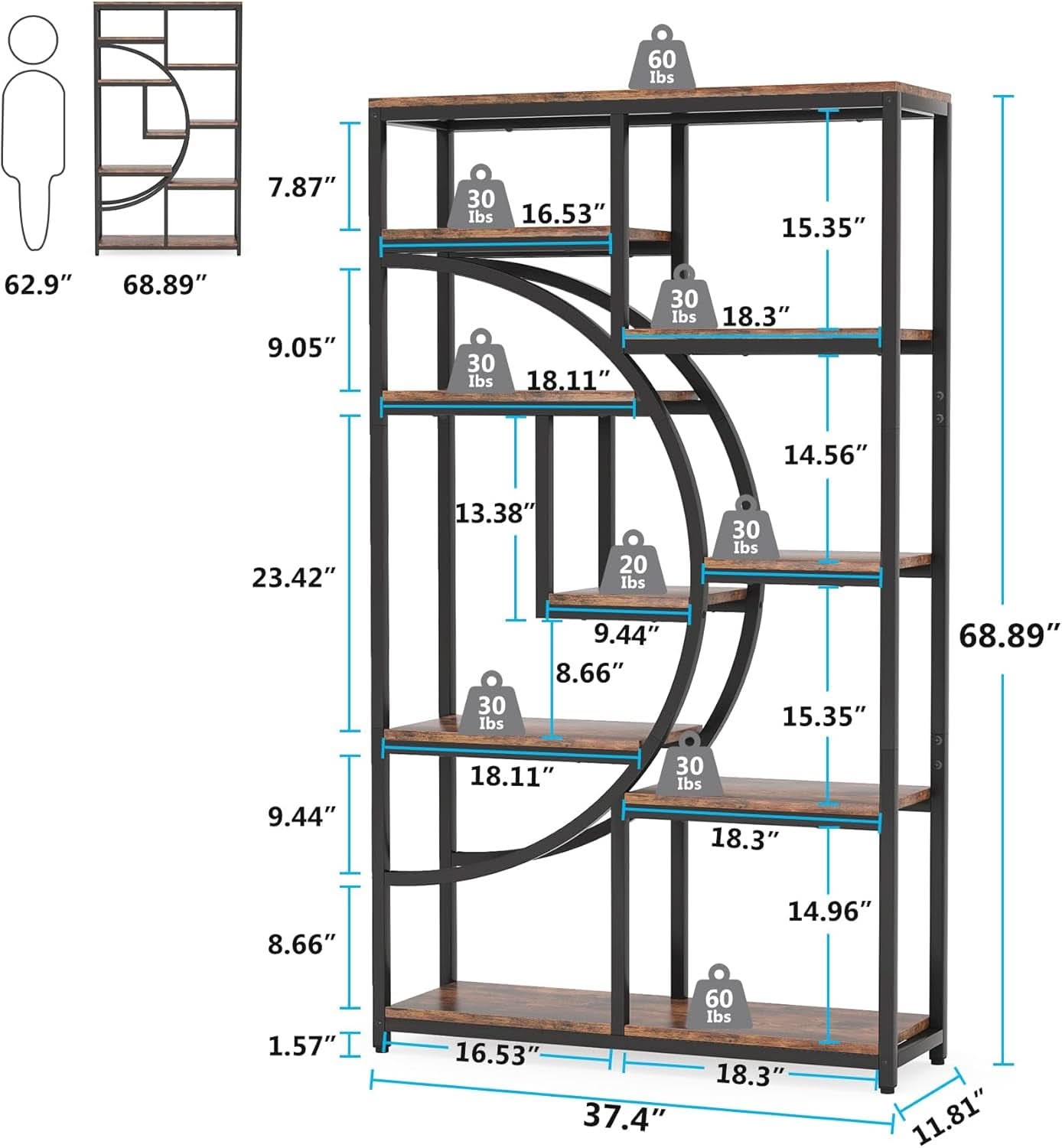 Industrial 5 Tier Etagere Bookcase Brown Rustic Finish