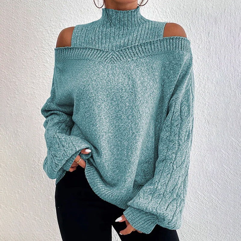 Women's Cold Shoulder Sweater - High Neck Cut Out Pullover Long Sleeve Top