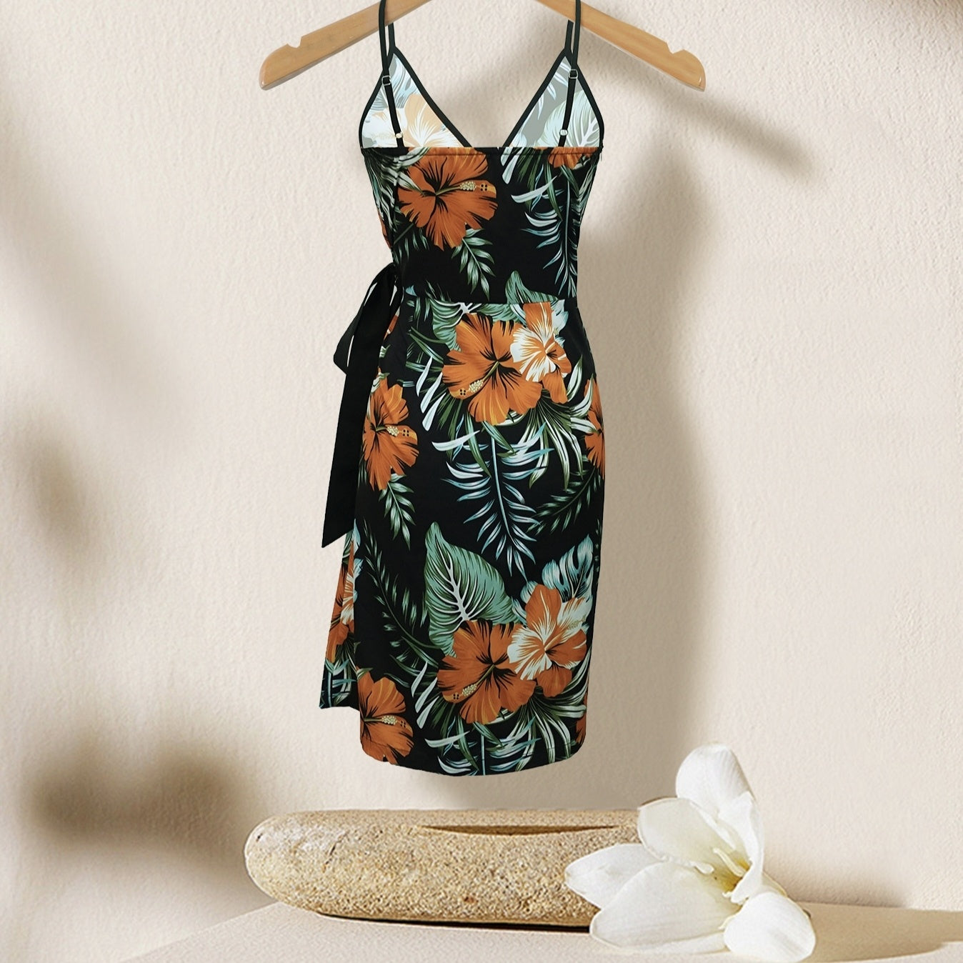 Women's V-neck Lace Up Plant Print Off Shoulder Versatile Dress, casual summertime fit, lightweight polyester, floral design