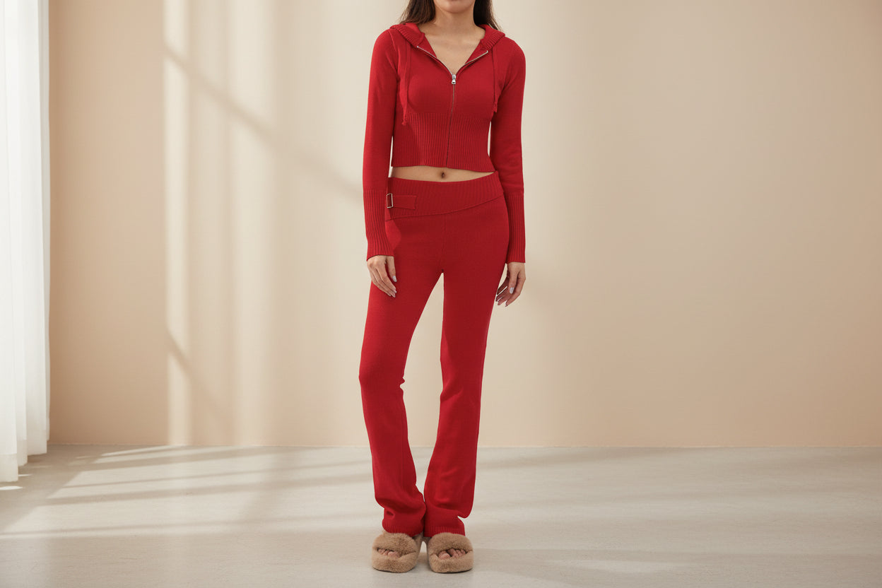 Model wearing Women’s Knitted Hooded Two-Piece Set – Cardigan & High-Waisted Pants Suit in red, showcasing comfortable fashion.