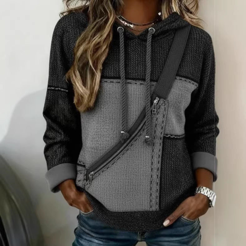 Women’s 3D Printed Hooded Sweatshirt – Long Sleeve Pullover in dark tones with a unique pattern, showcasing modern streetwear style.