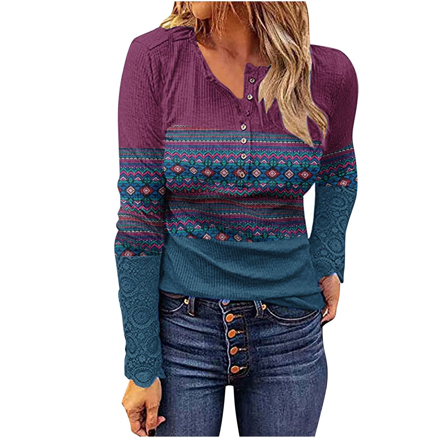 Woman wearing Desert Sunset Cowgirl Knit Top with geometric patterns, showcasing boho western style and V-neck design.