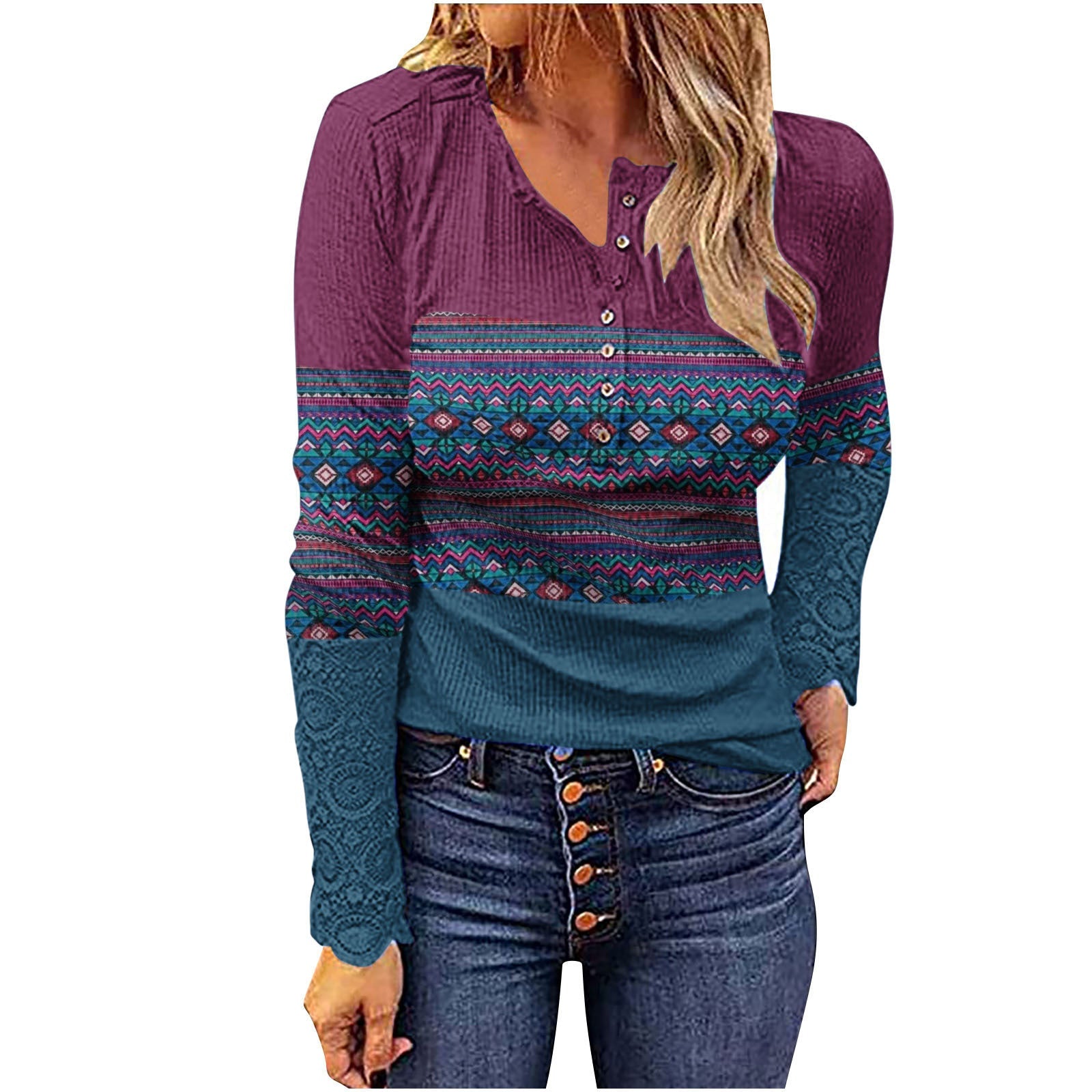 Woman wearing Desert Sunset Cowgirl Knit Top with geometric patterns, showcasing boho western style and V-neck design.