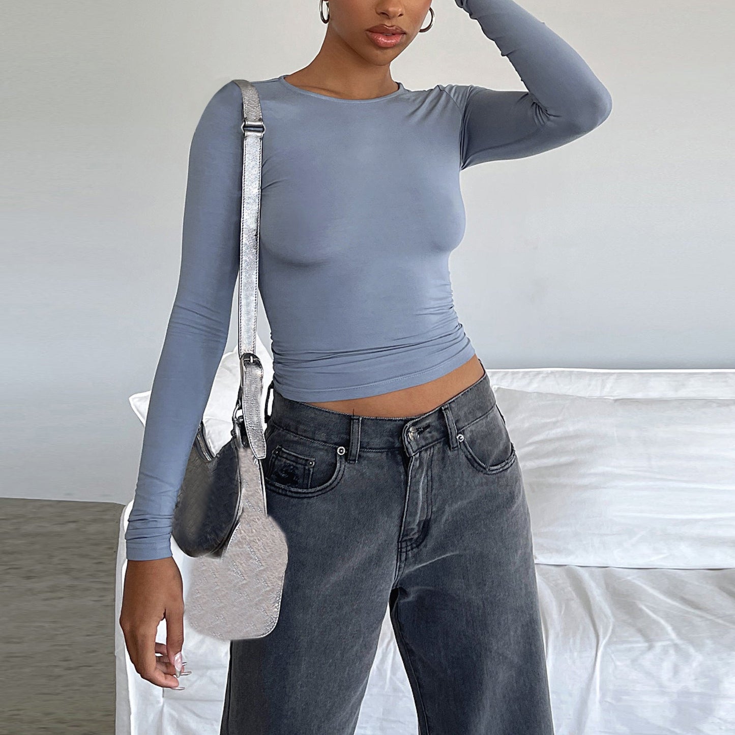 Slim Fit Long Sleeve Shirt | Women's Casual Crop Tops in stylish gray, showcasing a slim fit design for fashion-forward women.