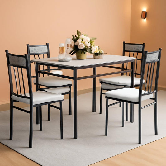 Grey Faux Marble Dining Table Set For 4 With Padded Chairs elegantly set in a dining nook, ideal for compact spaces and stylish living.