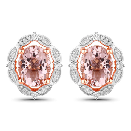 3.52 Carat Genuine Morganite and White Diamond 14K Rose Gold Earrings