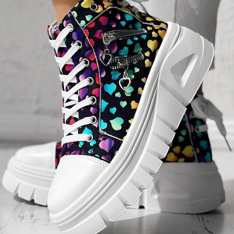 Colorful heart-patterned Muffin Heel Side-Zipper Sneakers for Women with thick white soles, perfect for stylish comfort.