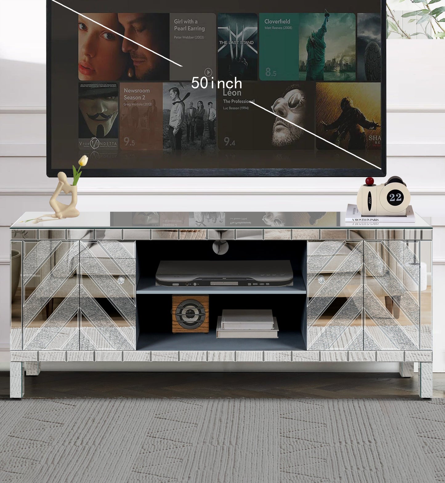 47 Inch Mirror TV Media Console with Diamond Glass Doors, Dual Door Design with Open Storage Space, Compatible with 50-Inch TVs, Modern Decor for Living Room & Bedroom