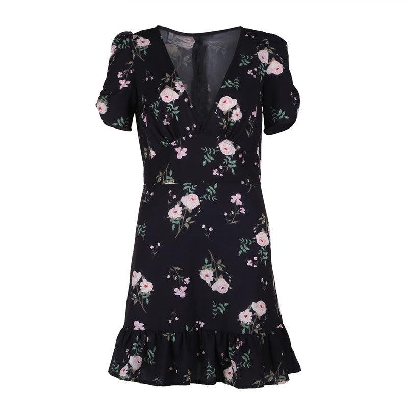 Boho Floral Summer Dress black base with floral pattern, short sleeves, and ruffle hem design.